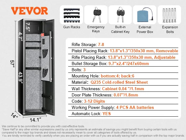 VEVOR 3-8 Rifles Gun Safe with Digital Keypad