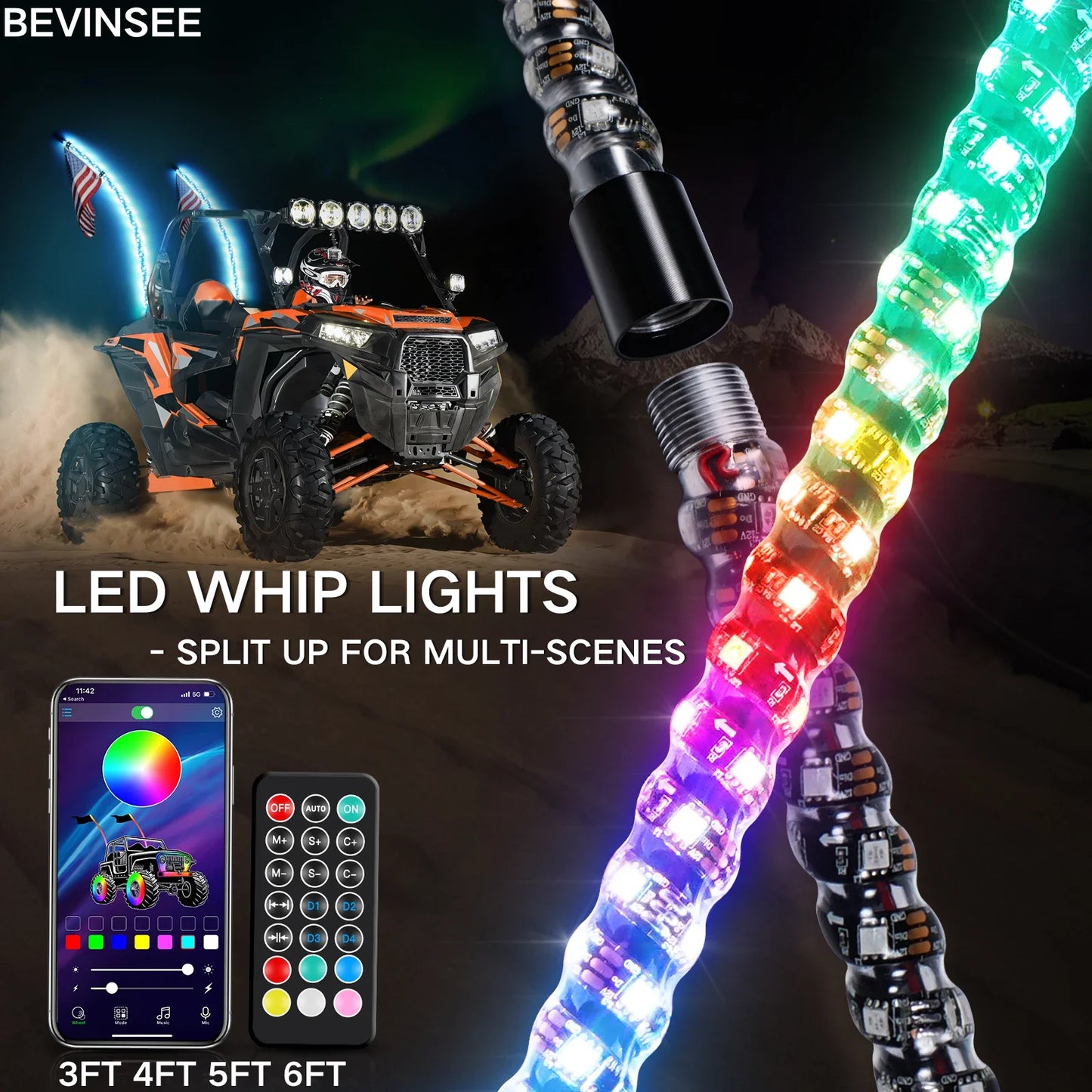 3FT 4FT 5FT 6FT LED Whip Light